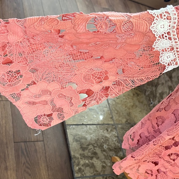 Alexa Amor Pink Lace V-Neck Dress with Bell Sleeves Size Large - Picture 4 of 7